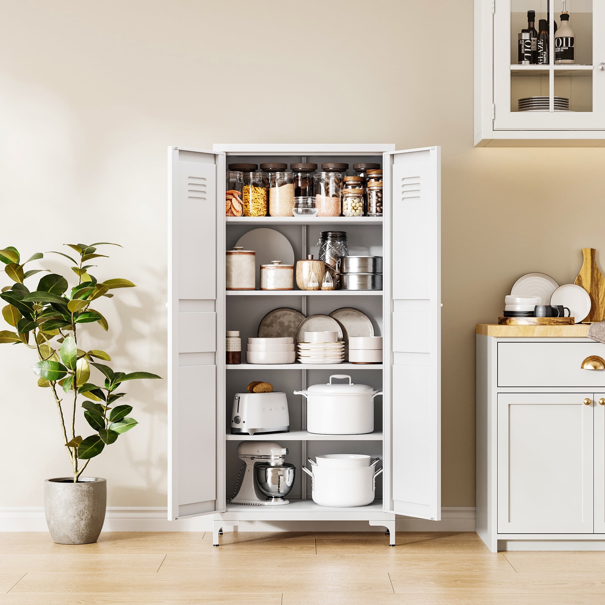 STANI Freestanding Storage Cabinet with 4 Adjustable Shelves and Legs, Metal/Alloy Steel, for Cupboard/Dining Room/Bathroom/Living Room/Office/Laundry Room (White, 61"H)