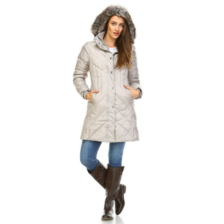 London Fog Petite Faux Fur Hooded Puffer Coat - Pearl - P-Small