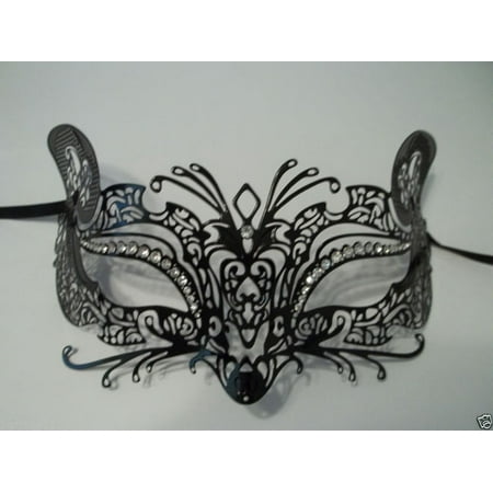 Black Fox Cat Laser Cut Venetian Mask Masquerade Metal Filigree Crystal Gems