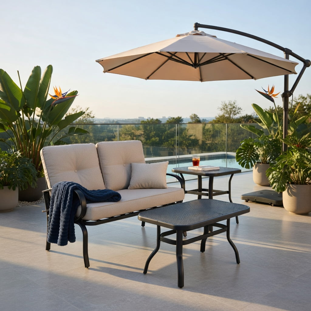 Hommoo 2-Piece Outdoor Patio Furniture Set, Cushioned Loveseat & Coffee Table with 4" Thick Cushions, Steel Frame, Easy-Clean Olefin Fabric, Beige