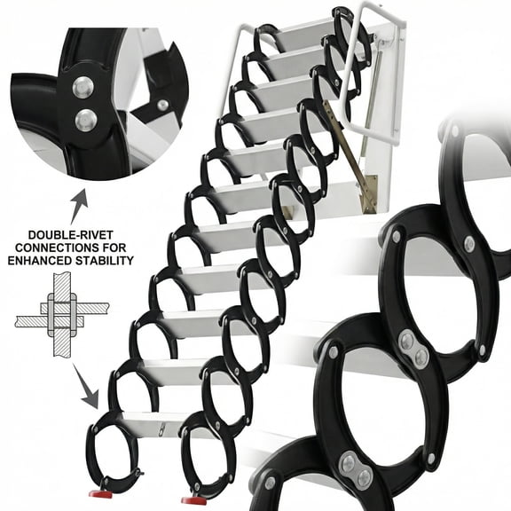 10FT Pull Down Attic Stairs, 12 Step Aluminum-Magnesium Alloy Loft Wall Mounted Stairs, Telescopic Fold Ladder for 27.5 x 23.6 Inch, Up to 1102 lbs (Black White)