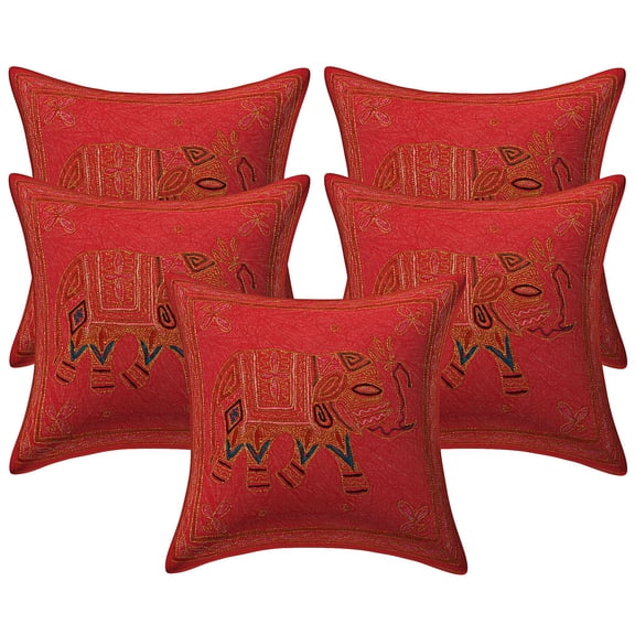 Stylo Culture Ethnic Chair Seat Throw Pillow Covers 16x16 Gold Thread Embroidered Peach Indian 40cm x 40cm Home Decor Cotton Elephant Square Cushion Covers | Set Of 5