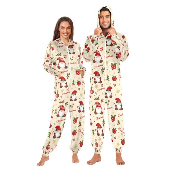 Adult Christmas Onesie Christmas Holly Gnome Snowflake Adult Zipper One-Piece Pajamas Unisex Pajamas with Pockets
