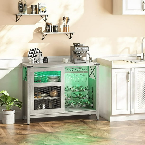 Bestier RGB Sideboard Buffets with Sliding Door Wine Bar White