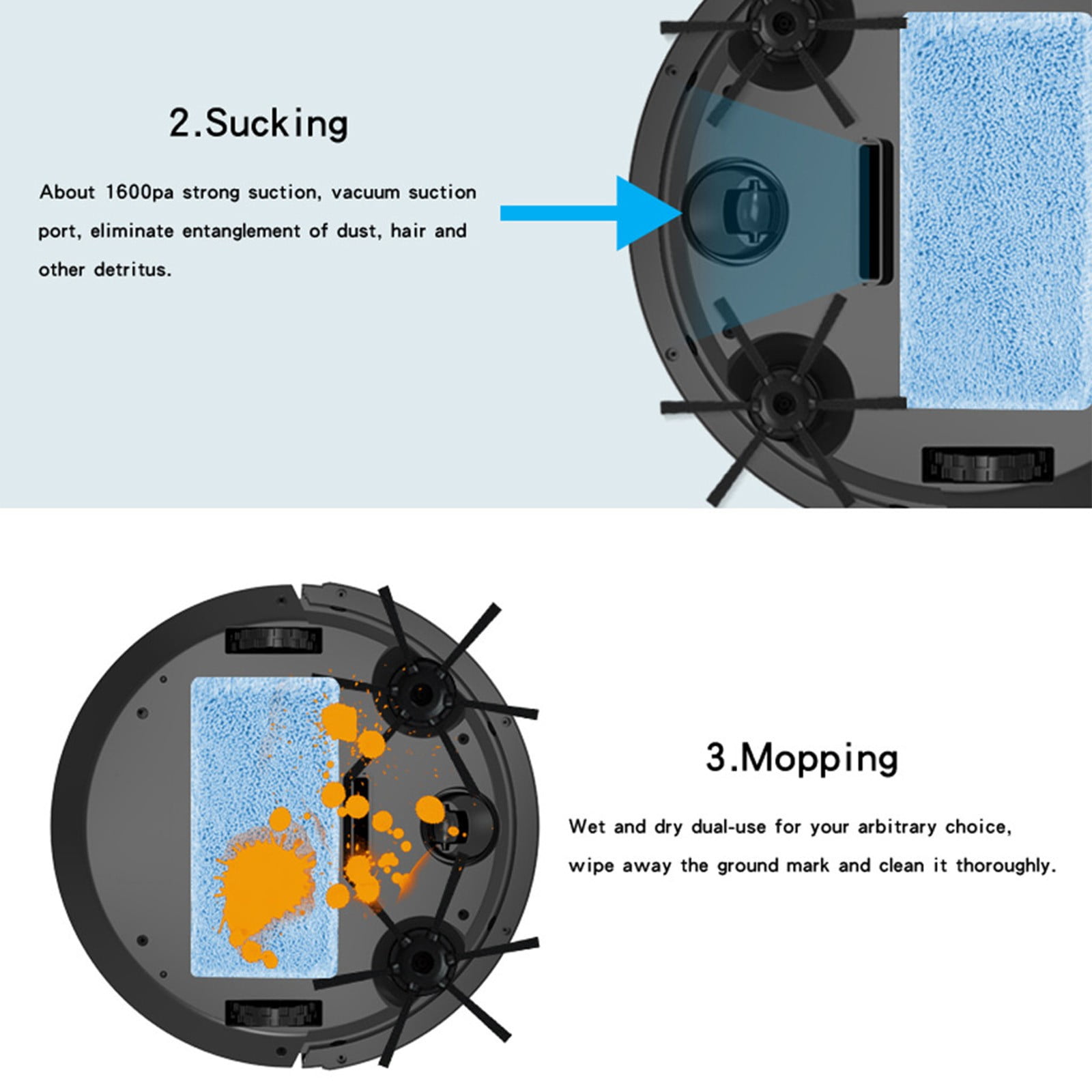 Smart Robot Vacuum Mop - 3-in-1 Suction & Mopping, 70min Runtime, Quiet Operation for Hard Floors/Carpets (Black)
