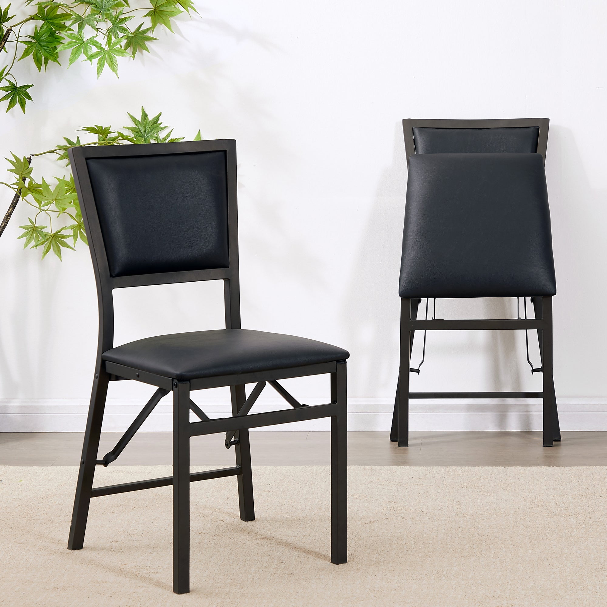VECELO Set of 6 Metal Folding Chairs, High Back PU Upholstered Dining Chairs with Metal Frame, Modern Style Folding Chairs for Kitchen, Dining Room, Space Saving Design, Black