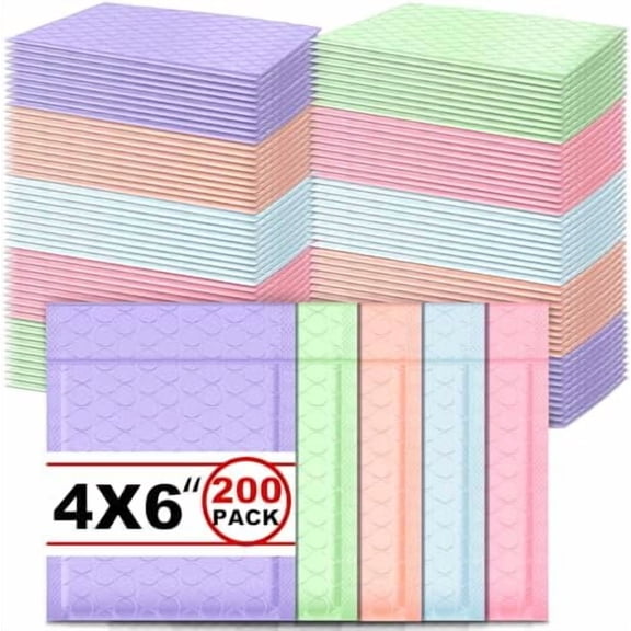 200 Pcs Bubble Mailer 4 x 6 Inch Small Shipping Bags Waterproof Padded Envelopes Self Adhesive Poly Bubble Packaging Envelopes Bulk for Shipping Mailing Trading Card Packaging (Pastel Color)$$Office