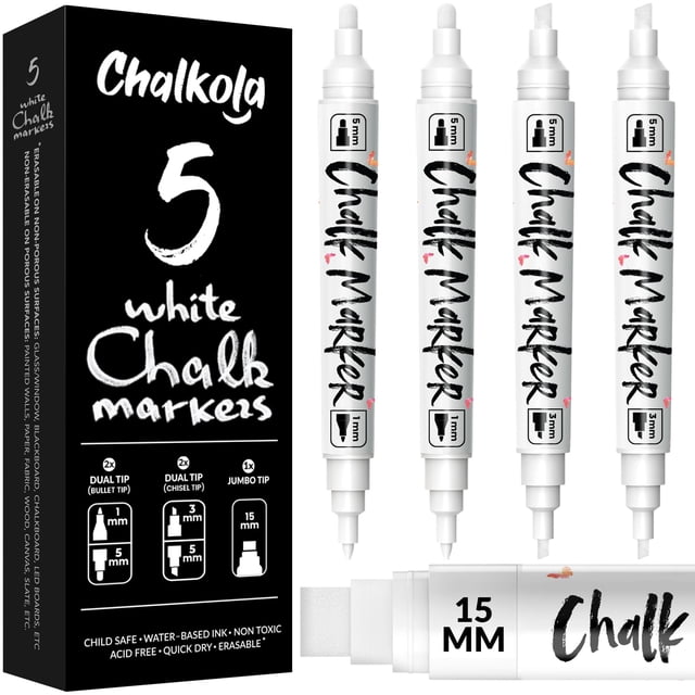 Marcadores de tiza Chalkola 5 blancos con punta doble (1mm, 3mm, 5mm, 15mm)