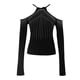 thumbnail image 4 of Blusa de manga larga con pedrería para mujer: top con hombros al aire y cuello halter, corte ajustado, tejido de poliéster, decoración brillante para fiestas, discotecas y ropa informal, 4 of 5