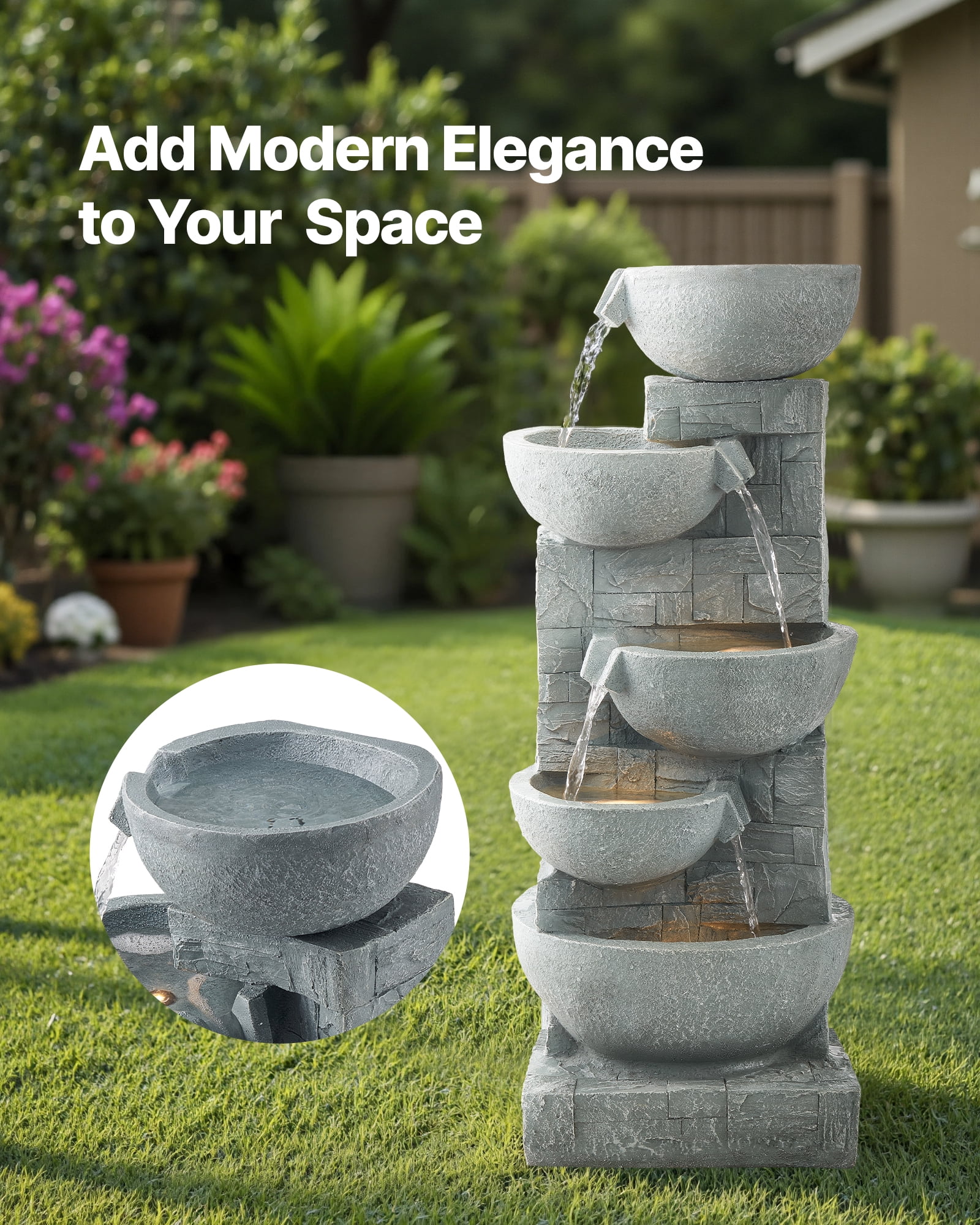 VEVOR Outdoor Water Fountain, 31.5 in Height Fountain and Waterfall, 5-Tier Floor Standing Bowl-Shaped Cascading Fountains with LED Light and Pump, for Outdoor Indoor Garden, Home, Patio & Backyard