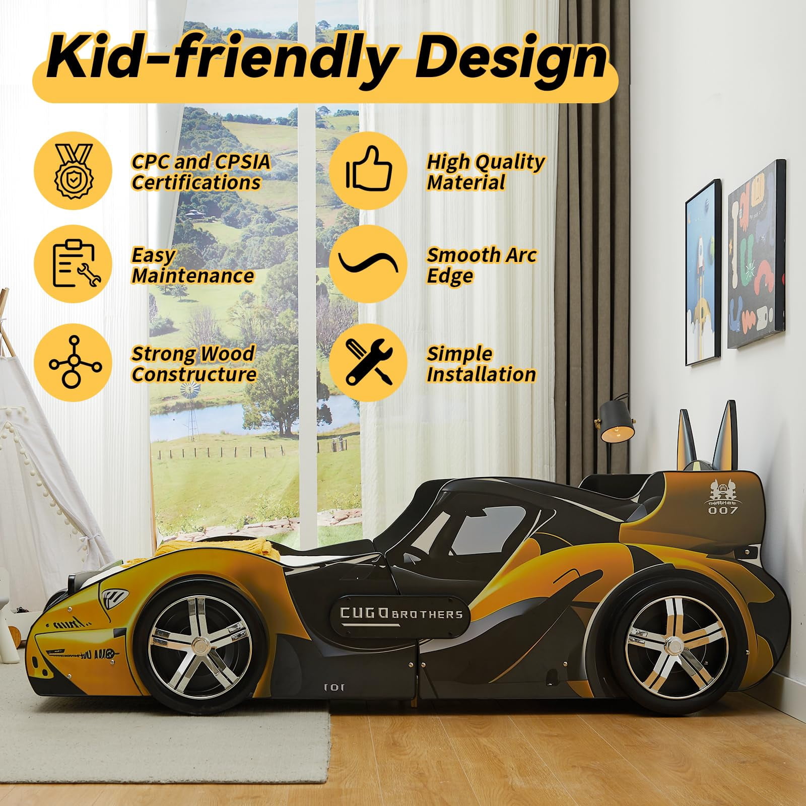 Twin Size Car Bed for Kids, Wooden Platform Bed with Cartoon Dog Headboard, LED Lights, and Built-in Slats for Toddlers & Boys