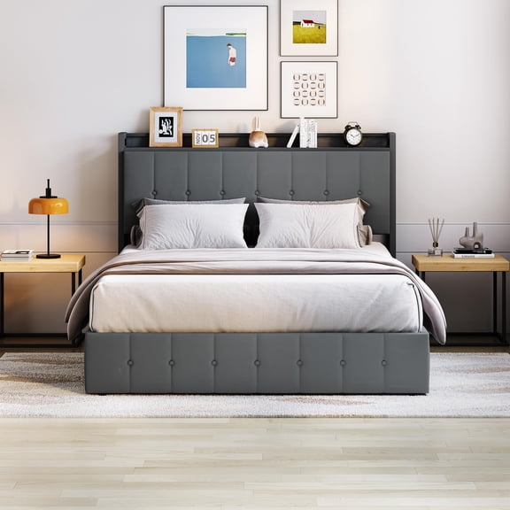 Full Bed Frame with Lift Up Storage, Upholstered Velvet Bed with Storage Headboard, Metal Platform Bed, Hydraulic Support, No Box Spring Needed,Gray