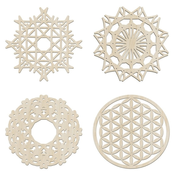 Mandala Wooden Wall Art Set of 4, Lattice Maze Flower of Life Design, Birch Wood Plywood Rustic Wall Art Accent for Hallway Bedroom Living Room and Offices, 11.4" X 11.4" X 0.1", by Ambesonne