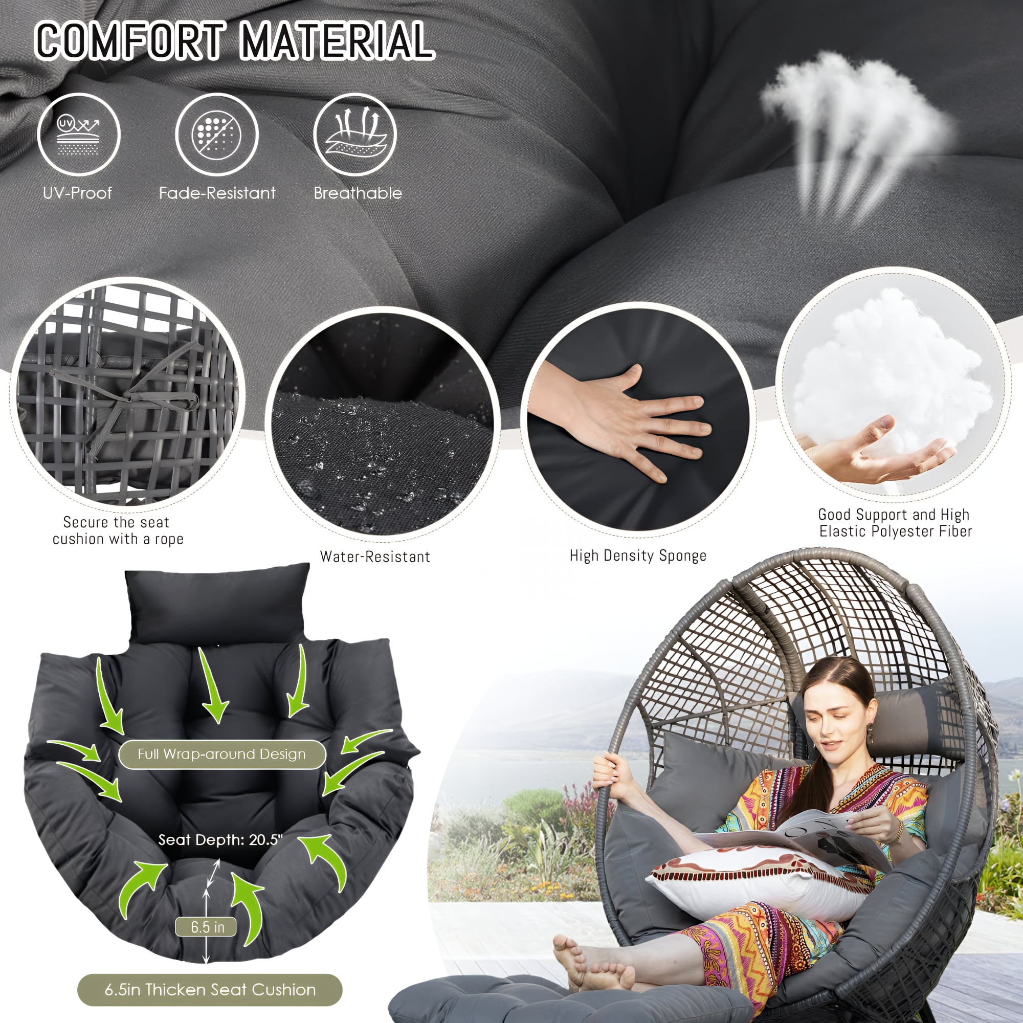 NICESOUL Boho Rattan Egg Chair with Cushion and Footrest for