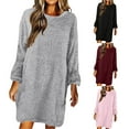 thumbnail image 3 of Winter Fall Dresses for Women Wedding Guest Long Sleeve Solid ColorRound Neck Loose Plush Sweater Dress, 3 of 6
