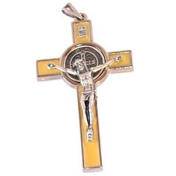 St. Benedict Rosary crucifix with yellow enamel - Extra Large - Pewter tone g...