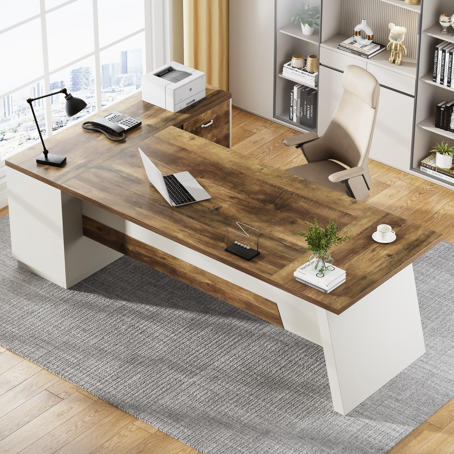 Tribesigns 78-Inch L-Shaped Executive Desk, Large Office Desk with Drawers and Lateral File Cabinet, Modern Computer Desk for Home Office, Brown & White