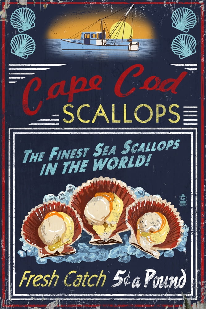 Cape Cod, Massachusetts, Scallops Vintage Sign (16x24 Giclee Gallery Art Print, Vivid Textured
