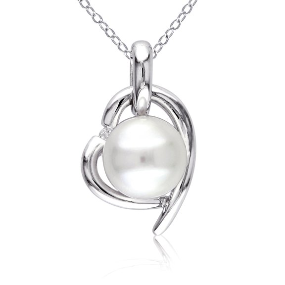 Everly Women's Cultured Freshwater Pearl and Diamond Accent Sterling Silver Heart Pendant with Chain