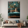 thumbnail image 5 of Mudket Vintage Leopard on Teal Velvet Sofa Framed Canvas Wall Art, Floral Jungle Cheetah Print Room Decor for Women Living Room, Bedroom, Home Office, Ready to Hang - 24"L x 16"W, 5 of 10