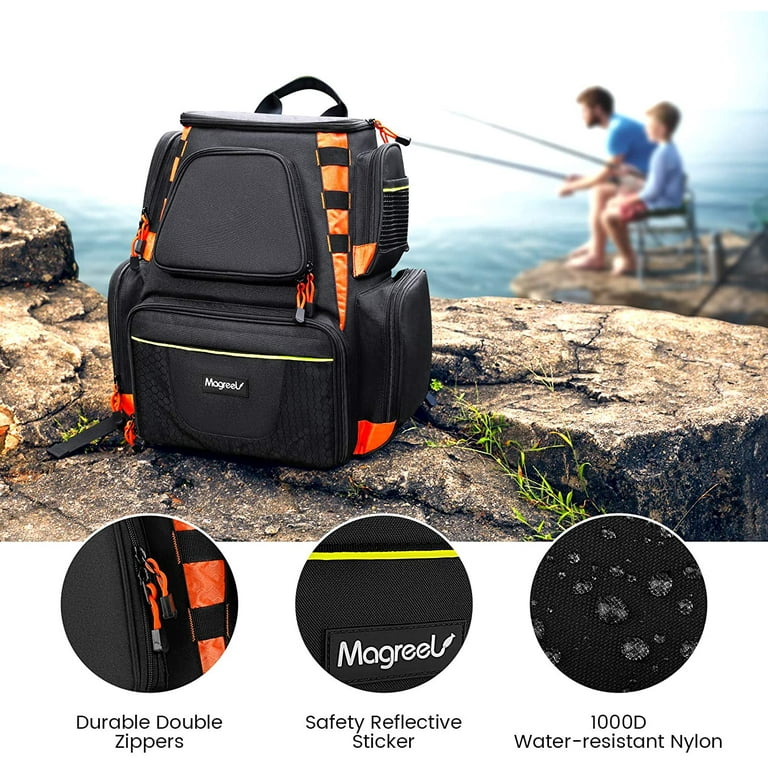 Fishing Tackle Backpack with 4 Trays Tackle Boxes, Storage Bag 25L Water  Resistant with 2 Rod Holders and Protective Rain Cover (Black and Orange)
