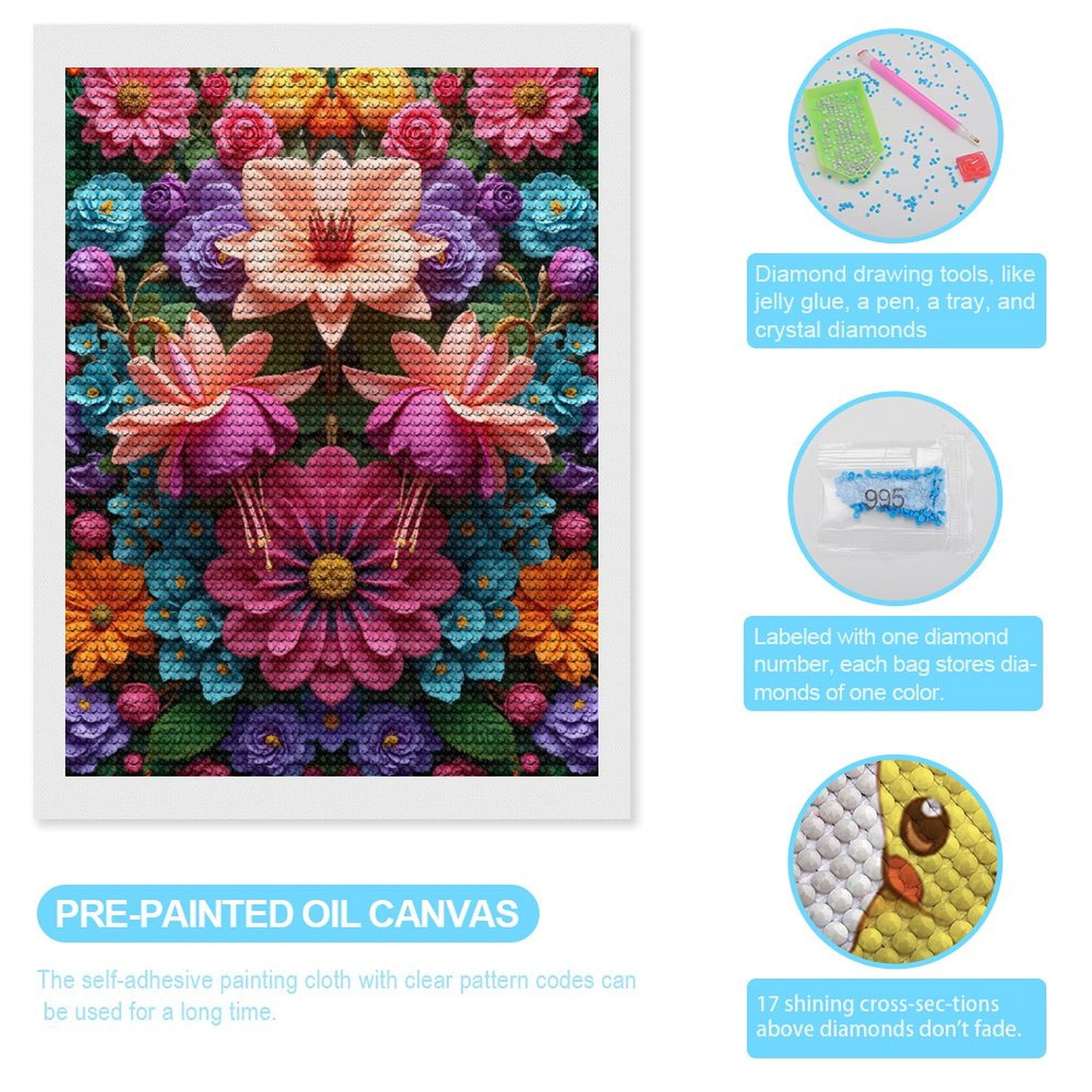 Diamond Art Kits for Adults, Colorful Floral Symmetry Art Print 5D Diamond Painting Kits for Adults Beginners, DIY Full Drill Diamond Painting, Gem Art and Crafts 12x16