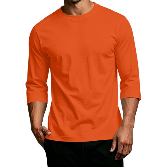 GrmtClth Men Relax Silhouette Solid Crew Neck Three Quarter Sleeve Pullover, Minimal Plain Design Casual Travel Daily Tops Orange XL