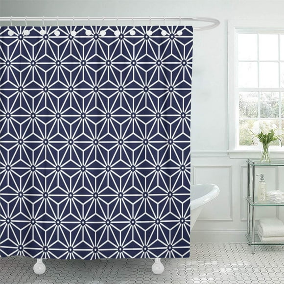 YUSDECOR Yukata Jinbei Asanoha Blue Resist Dyeing Roketsuzome Bathroom Decor Bath Shower Curtain 60x72 inch