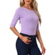 thumbnail image 4 of Camisetas casuales de ajuste slim para mujeres INSPIRE CHIC con mangas de codo y cuello barco en color púrpura claro, talla S, 4 of 6