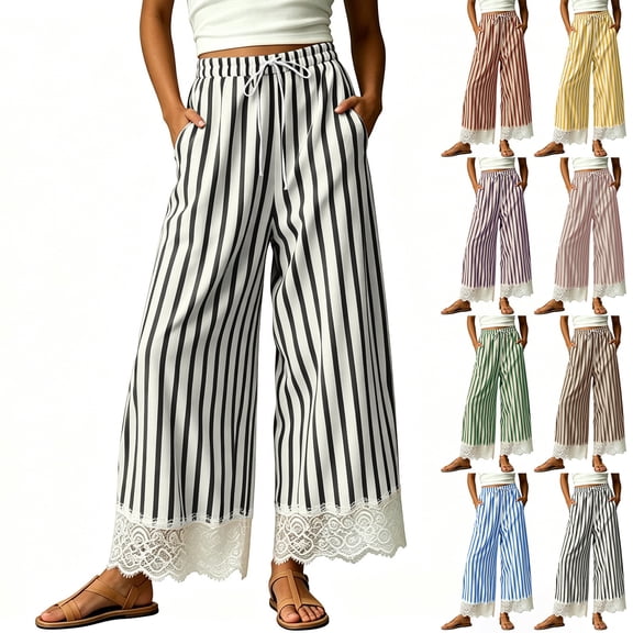 VBVC Women's Striped Drawstring Wide Leg Pants , Casual Summer Beach Trousers For Women , Ladies' Lace Trim Hem Loose Pants with Pockets, Black , S-3XL
