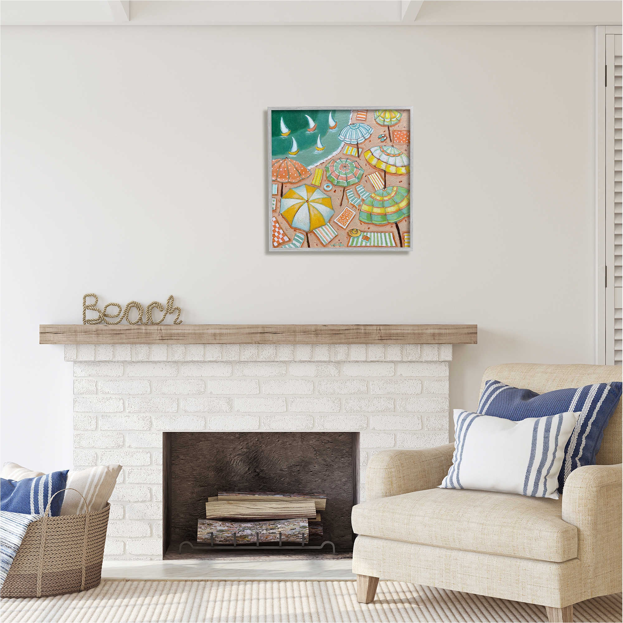 Stupell Industries Modern Summer Beach Landscape Painting Gray Framed Art Print Wall Art, 24 x 24