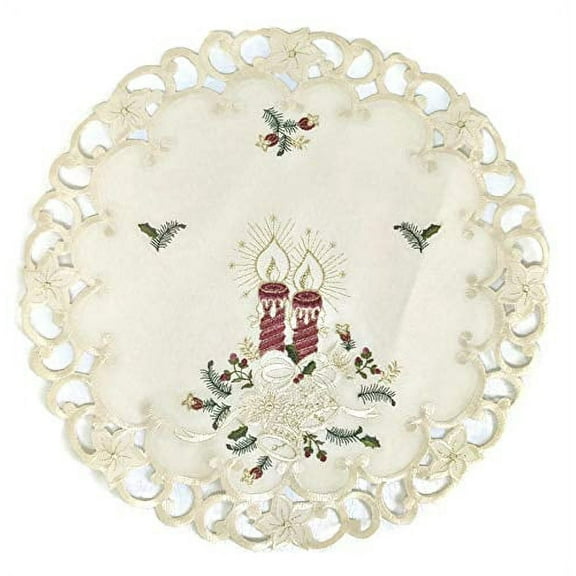 Doily Boutique Christmas Placemat or Doily with Burgundy Candles on Ivory Burlap Linen Fabric Size 15 inches