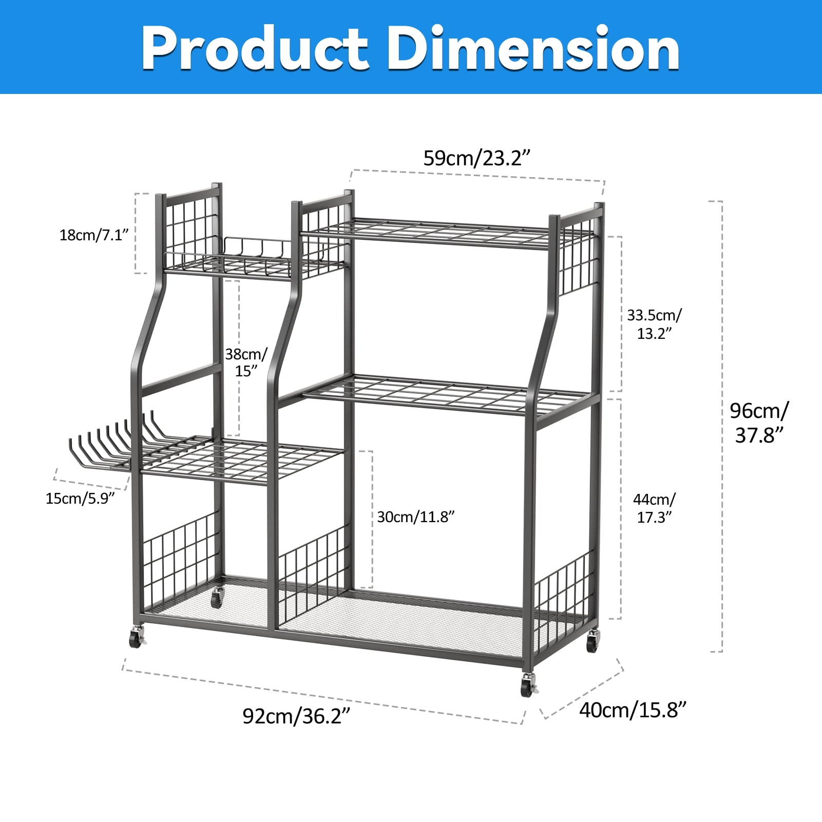 Dbuoem Garden Tool Organizer with Lockable Wheels,Yard Tools Rack for Garage,Shed,Garden,Utility Stand Rack for Rakes Brooms Shovels,Long-Handled Tools