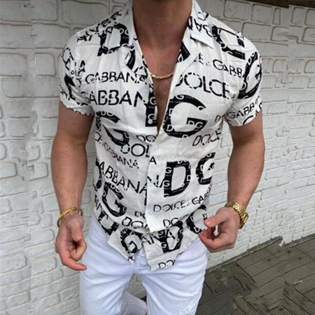 Primavera Y Verano Nueva Camisa Para Hombre Hawaiana Casual Impresión 3d Letra Ropa Delgada Manga Corta Cuello De Turn-Down Camisas Botónpangjing