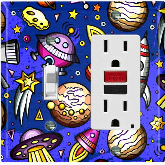 Metal Light Switch Wall Plate Outlet Cover (Spaceship UFO Astronaut Rocket Outerspace Star Blue Purple - Single Toggle Single Rocker)