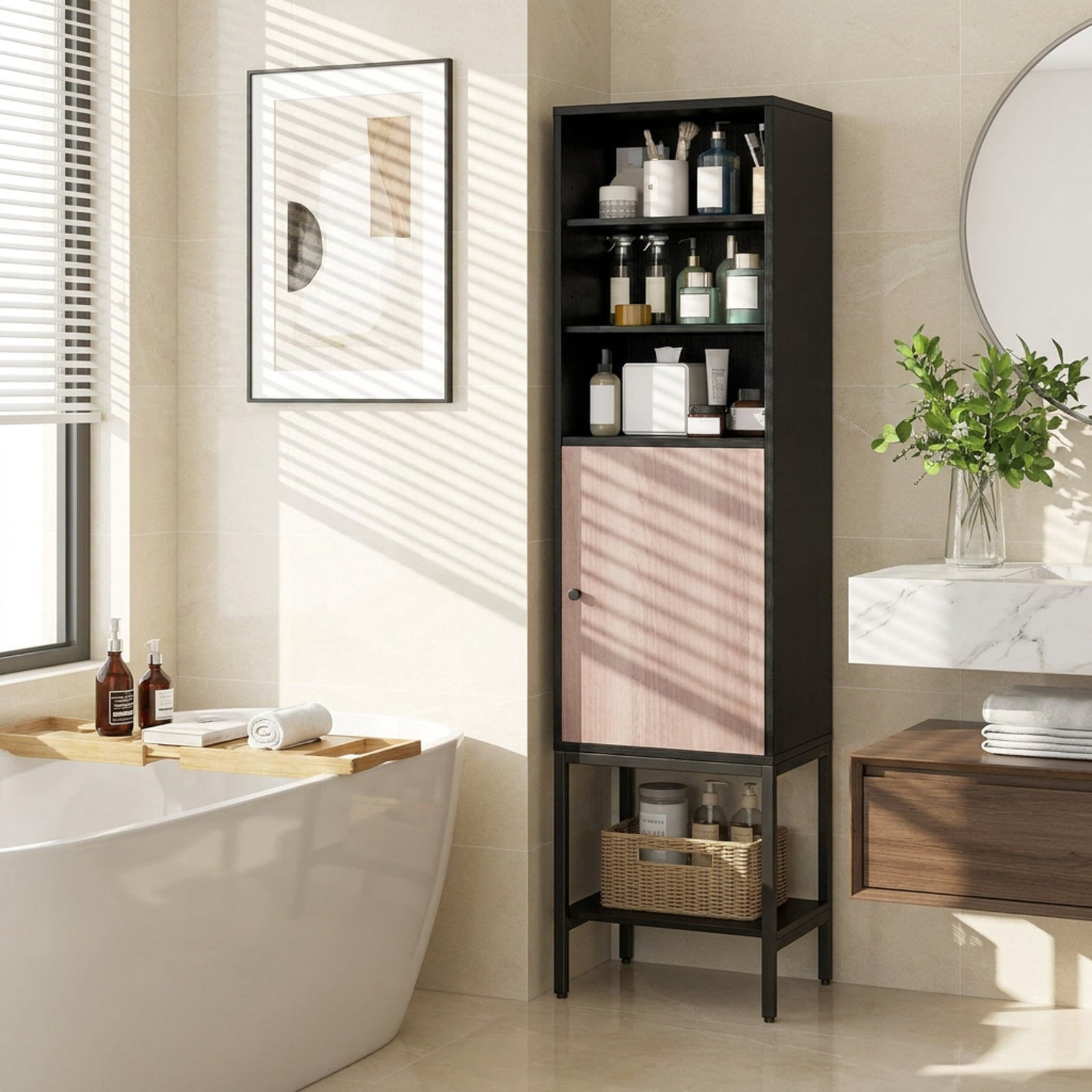 Vebreda Freestanding Bathroom Storage Cabinet, 57 Inch Bathroom Tall Cabinet with 1 Door and 4 Shelves Narrow Storage Unit with Adjustable