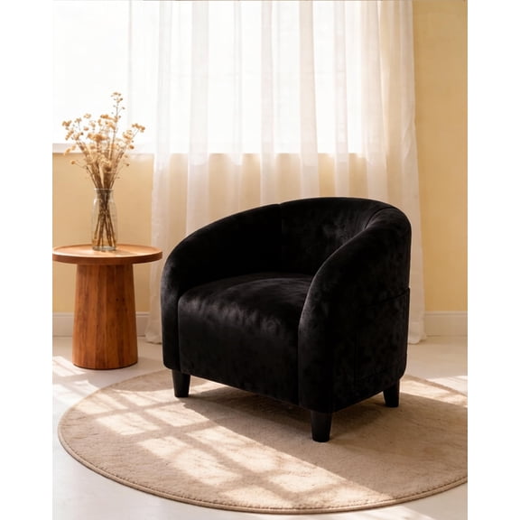 Black Accent Chair Velvet Club Chair Comfy Armrest Barrel with Soft Padded Seat for Living Room