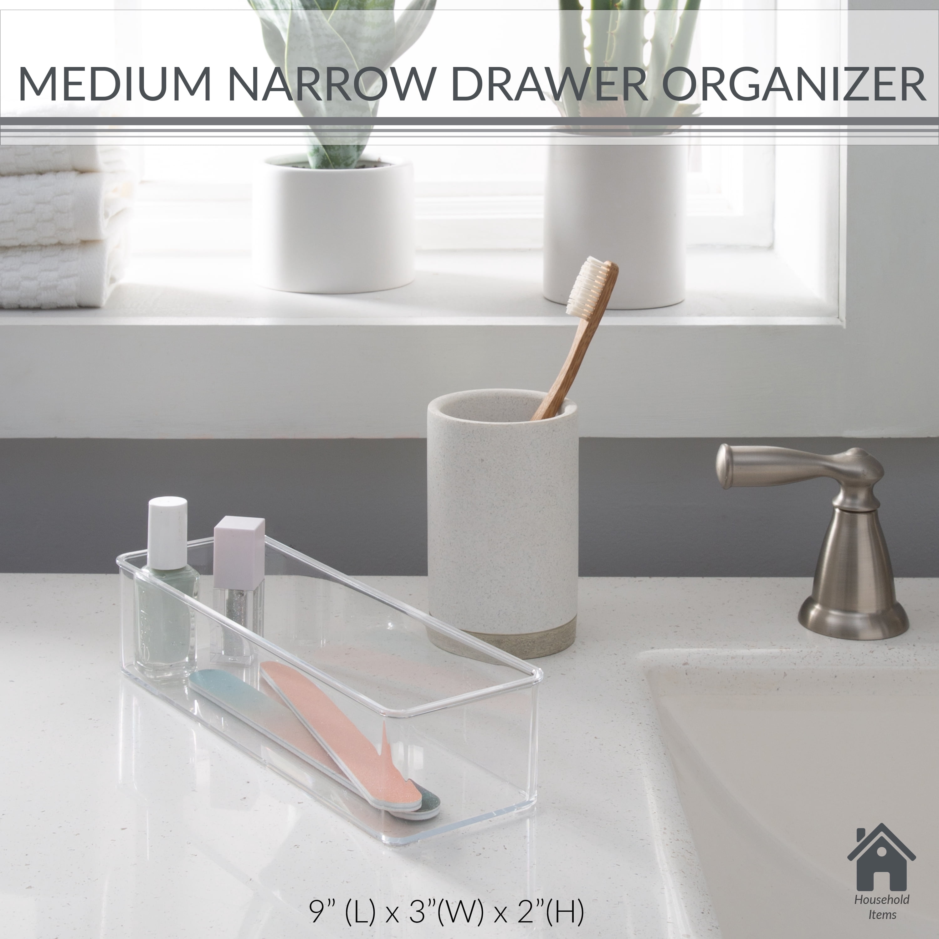 Simplify Medium 9" x 3" Narrow Drawer Organizer, Clear