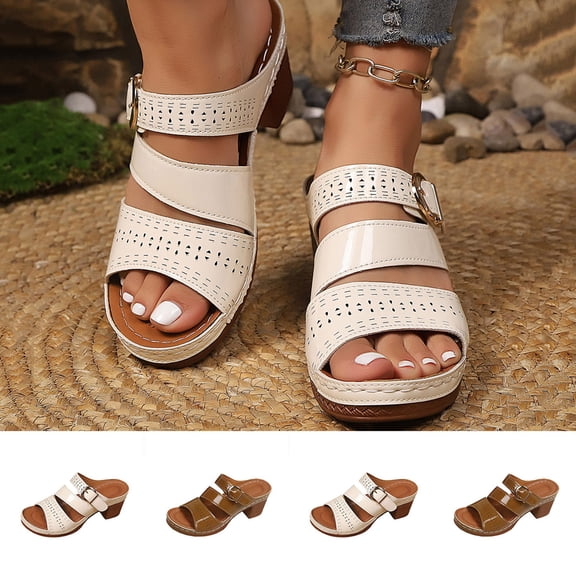 Miluxas Womens Solid Color Open Toe High Heel Thick Heel Shoes Comfortable Summer Casual Sandals Brown 9.5(43)