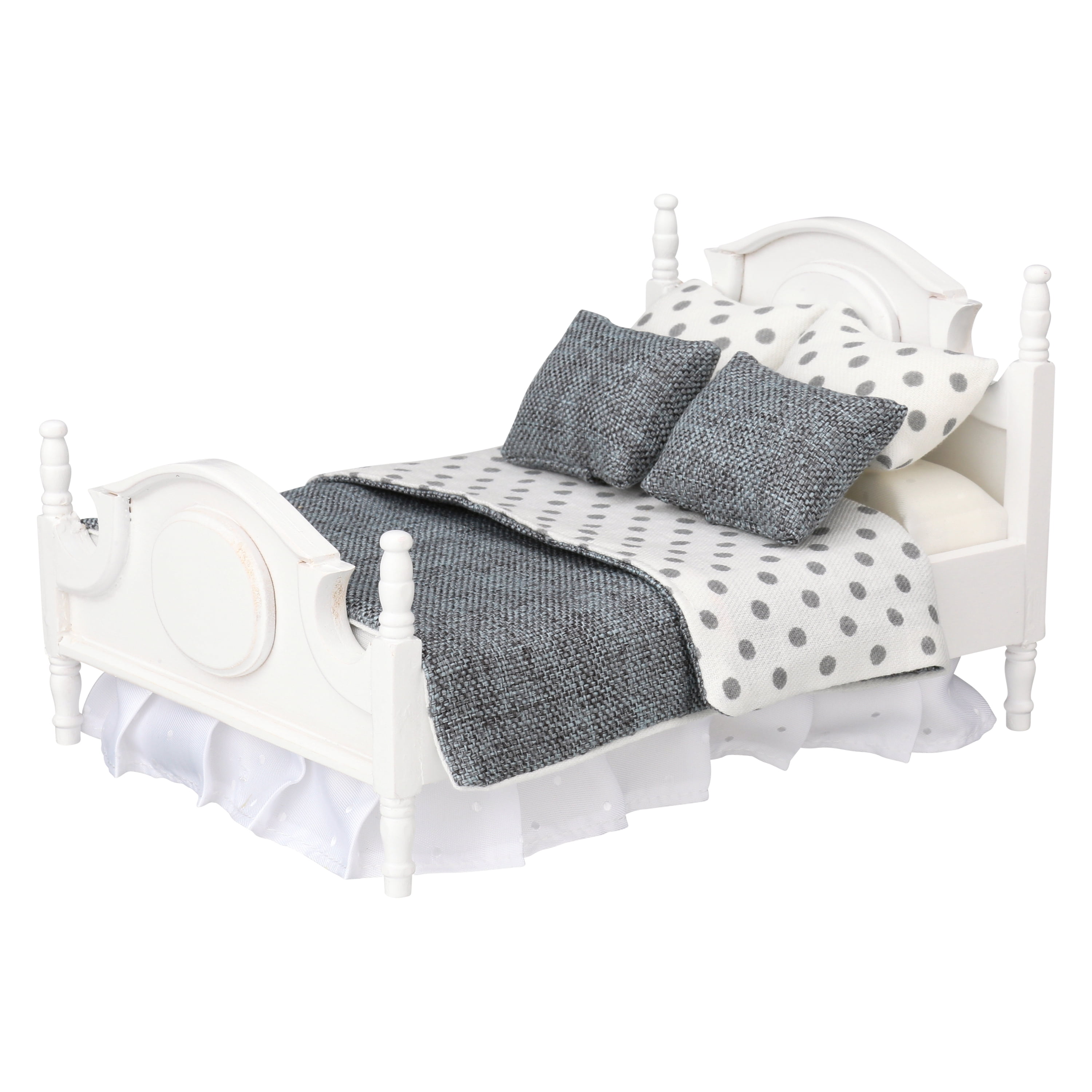 Dollhouse Queen Bed Set, White, with 5 Piece Bedding Set, Comforter & Pillows, 1/12 Scale