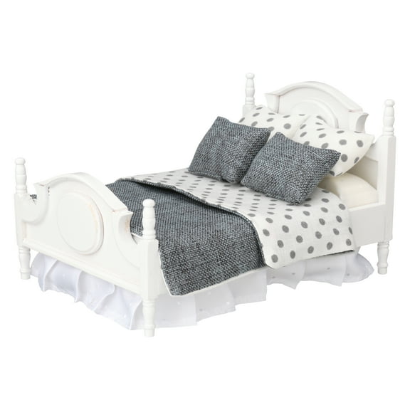 Dollhouse Queen Bed Set, White, with 5 Piece Bedding Set, Comforter & Pillows, 1/12 Scale