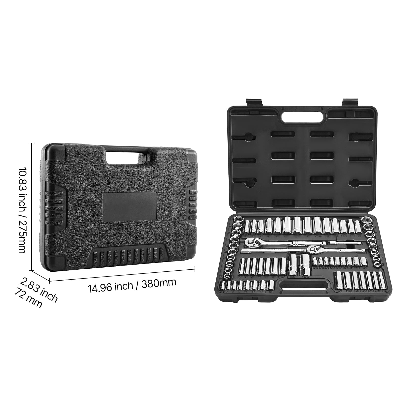 KFFKFF 69-Piece Socket and Ratchet Set, 3/8 & 1/4 Inch Drive, SAE and Metric Sizes, Includes Deep and Standard Sockets, Mechanic Tool Kit with Accessories and Durable Storage Case