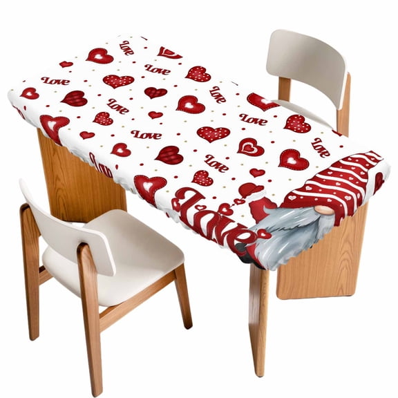 Valentine's Day Gnomes Table Cloths for 4 Foot Rectangle Tables, Love Heart Red Patio Waterproof Elastic Fitted Tablecloths, Washable Rectangular Table Cover for Camping