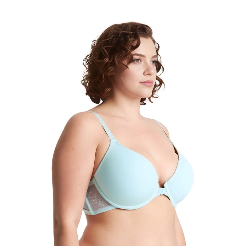 Curve Muse Women's Plus Size Full Coverage Underwire Front Close Bras-2PK-Shrimp Pink,Glass Blue-34C
