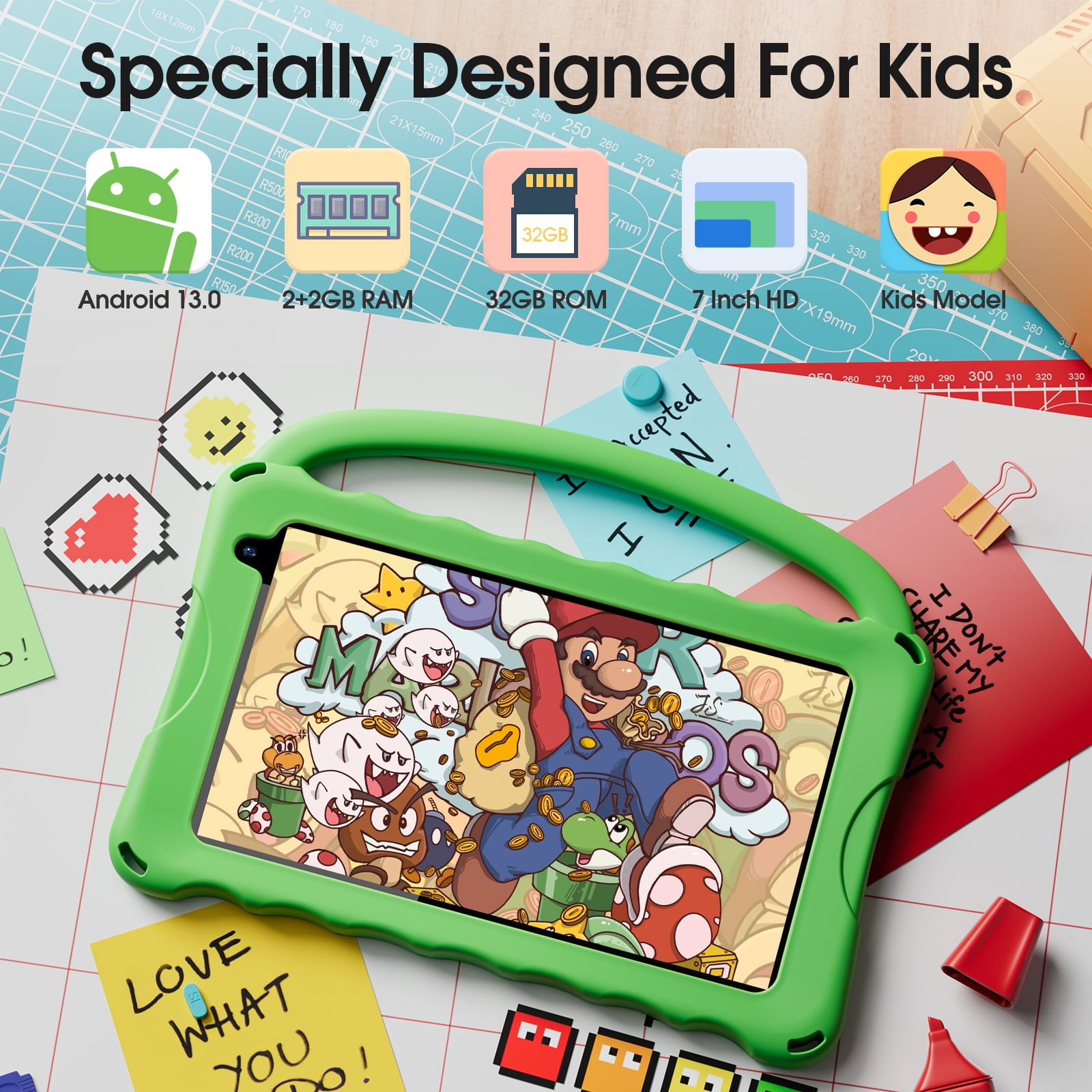 Digiland 7 inch Kids Tablet, 4GB Ram 32GB Rom Android Kids Tablet with Parental Control, Eye Protection Screen for Kids 4-12, Portable Handheld Children Tablet (Green)
