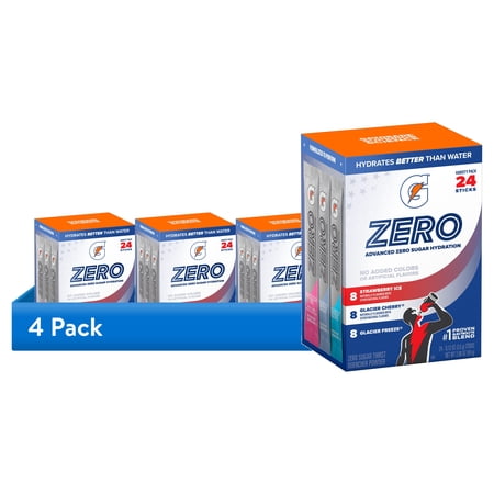 (4 pack) Gatorade Zero Sugar Strawberry Ice, Glacier Cherry and Glacier Freezee, On the Go Packs, Electrolyte Powder Drink Mix, 0.12 oz, 24 Sticks