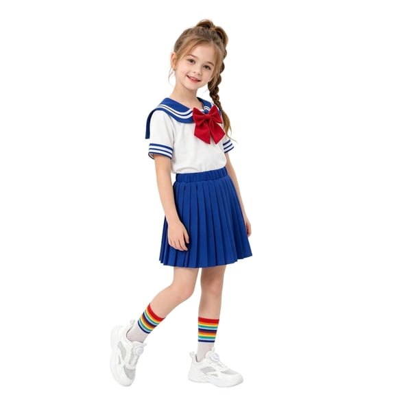ZXLBBD Girls Fall School Uniform 2 Piece Set Short Sleeve Striped Collar Top with Pleated Skirt Kids Back to School Outfits for Girls Clothes Sets,Blue,Size 6 Y-7 Y