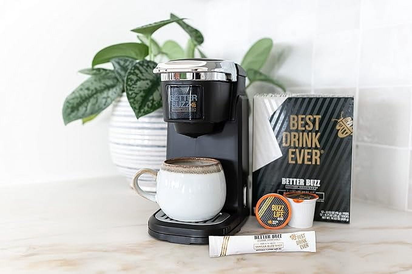 Better Buzz Best Drink Ever Vanilla Latte Single Serve Coffee Maker Kit 24ct., 12 Medium Roast Coffee Pods (Buzz Life) & 12 Vanilla Coffee Creamer Powder Stick Packs (Vanilla Buzz), K-Cup Compatible