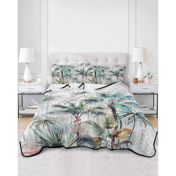 Quilts Queen Size, Summer Palm Trees Soft Comforter Bedding Set for Bed, Botanical Tropical Leaves Lightweight Quilted Bedspread with Pillow Cover(2 Pieces) for All Season, 90x96 Inch