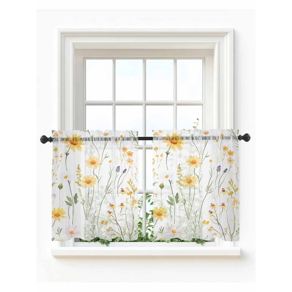 Yellow Daisy Floral Tier Curtains 24 Inch Length,Sheer Curtains for Bedroom Living Room Window Spring Rustic Botanical Flowers Rod Pocket Drapes Kitchen Curtains Small Half Window 27.5"x24" 2 Panels